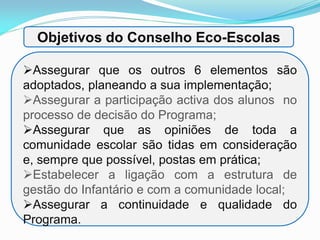 Assegurar que os outros 6 elementos são
adoptados, planeando a sua implementação;
Assegurar a participação activa dos alunos no
processo de decisão do Programa;
Assegurar que as opiniões de toda a
comunidade escolar são tidas em consideração
e, sempre que possível, postas em prática;
Estabelecer a ligação com a estrutura de
gestão do Infantário e com a comunidade local;
Assegurar a continuidade e qualidade do
Programa.
Objetivos do Conselho Eco-Escolas
 