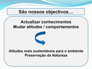 Actualizar conhecimentos
Mudar atitudes / comportamentos
Atitudes mais sustentáveis para o ambiente
Preservação da Natureza
São nossos objectivos…
 