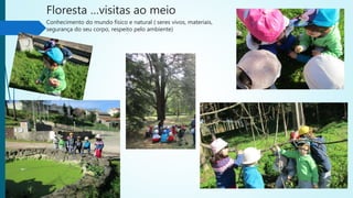 Floresta …visitas ao meio
Conhecimento do mundo físico e natural ( seres vivos, materiais,
segurança do seu corpo, respeito pelo ambiente)
 