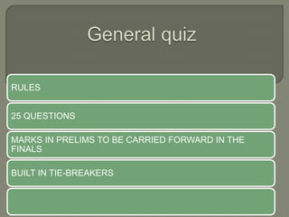 RULES


25 QUESTIONS

MARKS IN PRELIMS TO BE CARRIED FORWARD IN THE
FINALS

BUILT IN TIE-BREAKERS
 