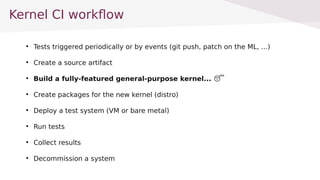Kernel CI workflow

Tests triggered periodically or by events (git push, patch on the ML, ...)

Create a source artifact

Build a fully-featured general-purpose kernel... ?

Create packages for the new kernel (distro)

Deploy a test system (VM or bare metal)

Run tests

Collect results

Decommission a system
 