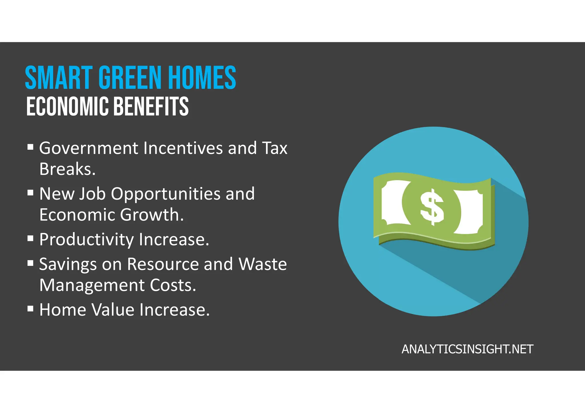  Government Incentives and Tax
Breaks.
 New Job Opportunities and
Economic Growth.
 Productivity Increase.
 Savings on Resource and Waste
Management Costs.
 Home Value Increase.
ANALYTICSINSIGHT.NET
Economicbenefits
smart GREEN homes
 