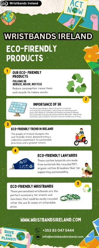 ECO-FIRENDLY
PRODUCTS
FOLLOWS 3R
REDUCE, REUSE, RECYCLE
Reduce consumption, reuse items
and recycle to reduce waste.
1
5
The 3R principle (Reduce, Reuse, Recycle) is crucial for
environmental sustainability, advocating for minimizing waste
generation (Reduce), extending the lifespan of products (Reuse),
and responsibly managing discarded materials (Recycle), collectively
fostering a more resource-efficient and eco-friendly way of living
The people of Ireland champion the
eco-friendly trend, demonstrating a
collective commitment to sustainable
practices and a greener future.
IMPORTANCE OF 3R
ECO-FRIENDLY TREND IN IRELAND
2
3
ECO-FRIENDLY LANYARDS
These custom lanyards are made
from materials like recycled PET,
organic cotton & bamboo fiber for
supporting sustainability.
ECO-FRIENDLY WRISTBANDS
These personalized wristbands are the
perfect accessory for events and
functions that could be easily recycled
after the use & comes at affordable
price.
4
WWW.WRISTBANDSIRELAND.COM
WRISTBANDS IRELAND
WRISTBANDS IRELAND
OUR ECO- FRIENDLY
PRODUCTS
+353 83 047 5444
info@wristbandsireland.com
 