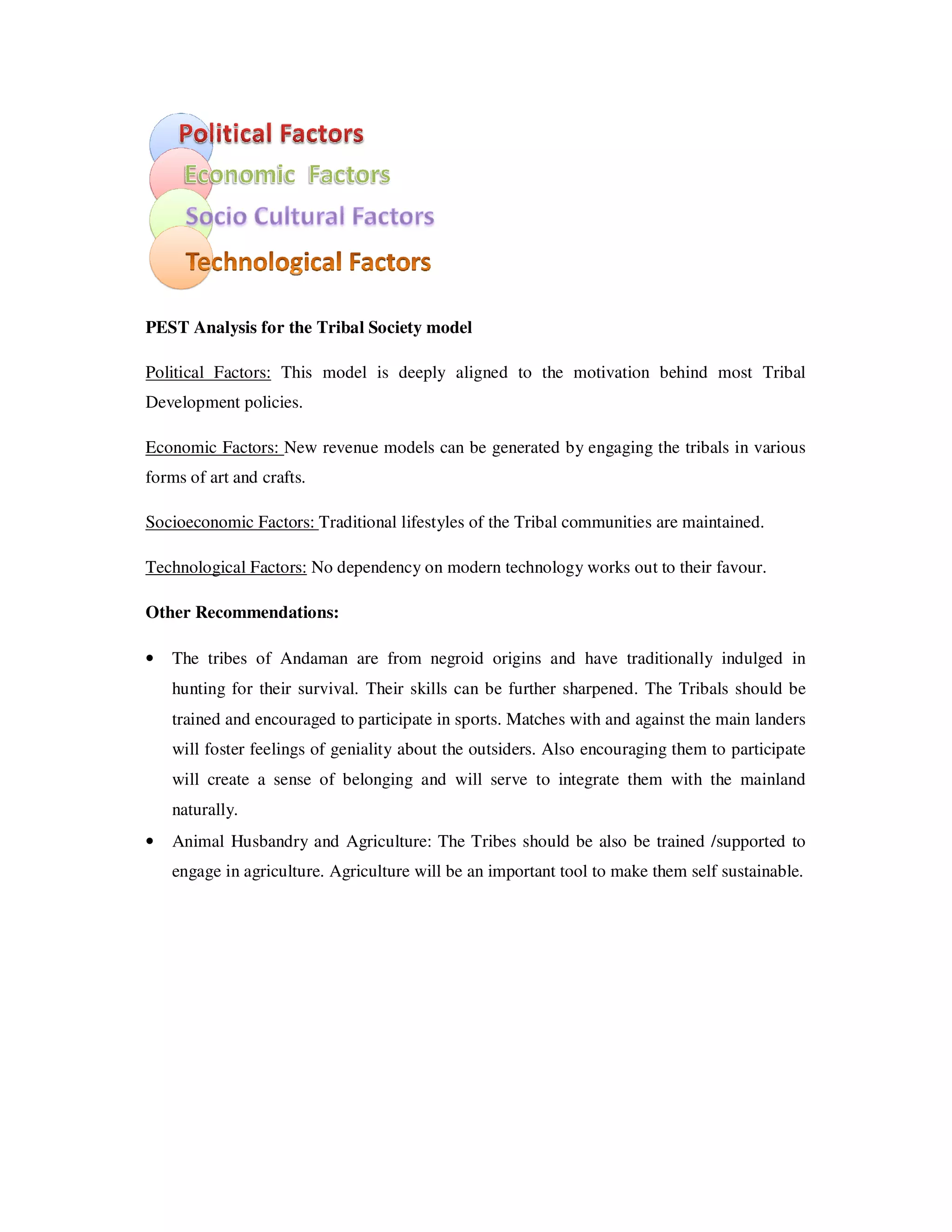 PEST Analysis for the Tribal Society model

Political Factors: This model is deeply aligned to the motivation behind most Tribal
Development policies.

Economic Factors: New revenue models can be generated by engaging the tribals in various
forms of art and crafts.

Socioeconomic Factors: Traditional lifestyles of the Tribal communities are maintained.

Technological Factors: No dependency on modern technology works out to their favour.

Other Recommendations:

•   The tribes of Andaman are from negroid origins and have traditionally indulged in
    hunting for their survival. Their skills can be further sharpened. The Tribals should be
    trained and encouraged to participate in sports. Matches with and against the main landers
    will foster feelings of geniality about the outsiders. Also encouraging them to participate
    will create a sense of belonging and will serve to integrate them with the mainland
    naturally.
•   Animal Husbandry and Agriculture: The Tribes should be also be trained /supported to
    engage in agriculture. Agriculture will be an important tool to make them self sustainable.
 
