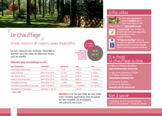 Infos utiles
                                                                                                                                             Liste des installateurs




                                                                                                              © comdesimages
                                                                                                                                             agréés QualiBois (pour
                                                                                                                                             votre chaudière à bois)
                                                                                                                               Plus d’infos sur : www.qualit-enr.org
                                                                                                                                        “Flamme Verte” est un label de
                                                                                                                                        qualité signalant des appareils
Le chauffage                                                                                                                            économiques, sûrs
                                                                                                                                        et performants.
                                                                                                                                        “NF Bois de chauffage” est une
                                                                                                                                        marque qui garantit un bon niveau
Le bois : ressource de toujours, usages d’aujourd’hui.                                     Combien
                                                                                                                                        de performance du bois acheté
                                                                                          ça coûte?
                                                                                                                                        dans certaines grandes surfaces.
Le bois, ressource peu coûteuse, disponible en                                   Coût moyen         45 €
                                                                          de ramonage pour
quantité, peut être utilisé de différentes façons                              tous les types       par an
pour se chauffer.                                                               de chauffage
                                                                                au bois cités
                                                                                                                               Il a choisi
Différents types de chauffages au bois                                                                                         le chauffage au bois
type d’installation                 rendement            autonomie         coût                 ratio                          Le gîte du Château des Alleux
cheminée à foyer ouvert             < 25 %               1 à 3h            1 200 €              > 10 cts/kw                    www.chambres-gites-somme.com
poêle à bûches                      entre 40 et 70 %     5 à 10h           2 000 €              4 cts/kw                       Le gîte et les chambres d’hôtes
insert/foyer fermé                  entre 30 et 70 %     10 à 12h          2 000 €              4,5 cts/kw                     Le Château d’Omiécourt
                                                                                                                               www.chateau-omiecourt.com
poêle à haut rendement              entre 60 et 70 %     10 à 20h          3 500 €              3 cts/kw
chaudière à bûches                  entre 55 et 75 %     < à 20h           3 500 €              3 cts/kw                       La chambre d’hôtes
                                                                                                                               La Ferme de Mézoutre
chaudière à plaquette ou granulés   entre 75 et 90 %     plusieurs mois    < à 20 000 €         2,5 cts/kw
                                                                                                                               www.gite-baie-de-somme.com
chaudière à condensation            supérieur à 100 %    /                 3 000 €              /
  Source : ADEME
                                                        Attention ! Il ne faut pas brûler les bois traités
                                                        (vieux meubles, agglomérés, bois récupérés                             Bon à savoir
                                                        sur des chantiers) car ils dégagent
                                                                                                                               L’utilisation de 4m3 de bois-énergie
                                                        des polluants très nocifs.                                             permet d’économiser 1 tonne de pétrole.

   12
 