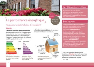 Le bâtiment en chiffres
                                                                                                                                                                • Consomme 40 % de l’énergie.




                                                                                                                                             © comdesimages
                                                                                                                                                                • Émet 20 % des gaz à effet de serre.
                                                                                                                                                                D’ici 2050 il faudra diviser par 4 la
                                                                                                                        Combien                                 consommation énergétique des bâtiments.
                                                                                                                       ça coûte?                               Source : Grenelle de l’Environnement.




La performance énergétique                                                                                                 entre 100
                                                                                                                           et 250 €*                            Bon à savoir
Vous avez un projet d’achat ou de rénovation ?                                                                                                                  La réglementation thermique 2005 fixe
                                                                                                                                                                une limite maximale à la consommation
                                                                                                                                                                énergétique des bâtiments neufs.
Objectifs
                                                                                       > Avoir des recommandations afin de réduire
                                                                                                                                                                Plus d’infos : www.rt-batiment.fr
> Avoir      une estimation de ma consommation
énergétique (en kWh/m2/an). Cette estimation                                           ses consommations et ses factures.                                       La démarche HQE ® (Haute Qualité
sera présentée sous la forme de 2 étiquettes                                                                                    cheminée                        Environnementale) prend en compte les
                                                                                                                                20 à 25 %                       questions d’impacts sur l’environnement
de mesure (comme pour l’électroménager) :                                                                       toit                                            dans le monde du bâtiment en 14 cibles.
l’une pour l’énergie, l’autre pour les émissions                                                          25 à 30 %                                             Plus d’infos : www.assohqe.org
de CO2 (gaz à effet de serre).                                                                                                                                  CAUE80 : www.caue80.asso.fr
Logement économe                       Logement      Faibles émissions                                                                                          > L’aireautoroutière de la baie de Somme
 < 50         A                                      <5   A                                                                                                     a été réalisée en 1998 selon la démarche
                  B                                            B                                                                                                HQE, à la demande de la Sanef et du
 51 à 90                                             6 à 10
                                                                                               fenêtres
                                                                                                                                                                Conseil Général de la Somme.
 91 à 150         C                                  11 à 20       C                        10 à 15 %
 151 à 230            D                 XXX          21 à 35           D                            murs
                                      kWhgp/m2.an
 231 à 330                E                          36 à 55               E                  20 à 25 %
 331 à 450                    F                      56 à 80                   F             ponts thermiques                                                 * Coût d’un diagnostic de performance
 > 450                            G                  > 80                          G              5 à 10 %                                                    énergétique. Attention ! Les tarifs ne sont pas
Logement énergivore                                  Fortes émissions
                                                                                                                             planchers bas                    réglementés, aussi il faut demander plusieurs
Consommation énergétique                            Émissions de gaz                         Déperditions moyennes        7 à 10 %                            devis à des professionnels certifiés.
en kWh/m2/an en énergie                             à effet de serre en Kg                   pour une maison d’avant 1975
primaire.                                           éq. CO2/m2/an.                           non isolée.                                                       Source : ADEME


        8
 
