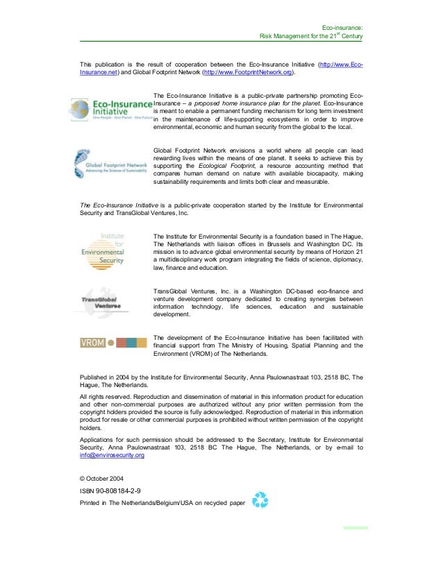 Eco insurance risk management for the 21st century