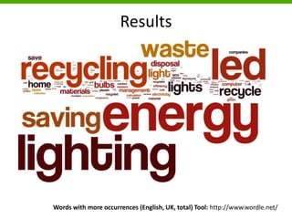 Results
Words with more occurrences (English, UK, total) Tool: http://www.wordle.net/14
 