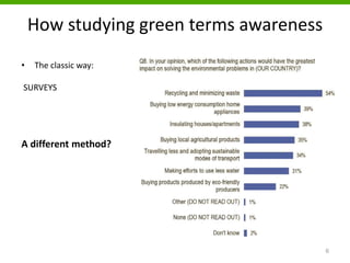 How studying green terms awareness
• The classic way:
SURVEYS
A different method?
(European Commission, 2013)
6
 