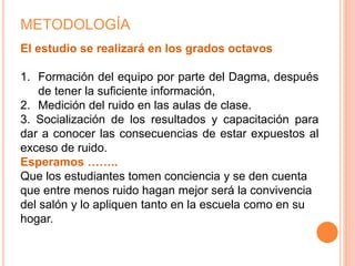 METODOLOGÍA
El estudio se realizará en los grados octavos
1. Formación del equipo por parte del Dagma, después
de tener la suficiente información,
2. Medición del ruido en las aulas de clase.
3. Socialización de los resultados y capacitación para
dar a conocer las consecuencias de estar expuestos al
exceso de ruido.
Esperamos ……..
Que los estudiantes tomen conciencia y se den cuenta
que entre menos ruido hagan mejor será la convivencia
del salón y lo apliquen tanto en la escuela como en su
hogar.
 