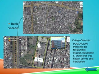  Barrio
Venecia
Colegio Venecia
POBLACION:
Personal del
restaurante
escolar, estudiante
s, profesores que
hagan uso de esta
instalación
 