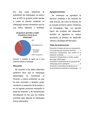 Por otra parte reiterando la
aceptación del videojuego, se obtuvo
que al 62% le gustaría poder ayudar
a cuidar el planeta mediante un
videojuego porque consideran que es
una forma diferente y divertida.
Ilustración 5. Estadística de agrado por el tema
ambiental mediante un videojuego.
Discusión
De acuerdo a los datos obtenidos
podemos decir que el videojuego
desarrollado ha contribuido al
fomento y cultura ambiental, ya que
ha sido innovador y atractivo poder
visualizar un escenario de la ciudad, y
se ha logrado promover educación a
base de diversión y de herramientas
tecnológicas en las que los medios
previstos para ejecutar el videojuego
fueron adecuados.
Agradecimientos.
De antemano se agradece la
atención prestada a los lectores de
este artículo, así como al Director de
la escuela primaria Lázaro Cárdenas
de Ixmiquilpan, Hgo., por permitir
hacer las pruebas del desarrollo,
también se agradece su valiosa
aportación al Director de desarrollo
Urbano y Ecología del Municipio.
Tabla de ilustraciones
Ilustración 1 Estado del arte en comparación
con proyectos que muestran similitud ......... 2
Ilustración 2.Dispositivos más usados en la
población analizada ...................................... 4
Ilustración 3.Dispositivos o medios usados
para jugar videojuegos.................................. 4
Ilustración 4.Aceptación de la propuesta del
videojuego ante la población........................ 4
Ilustración 5.Estadística de agrado por el
tema ambiental mediante un videojuego. ... 5
¿Te gustaría aprender a cuidar
el planeta a través de un
videojuego?
Sí
Probablemente
Muy poco
probable
No me gustaría
 