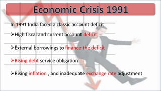 In 1991 India faced a classic account deficit
High fiscal and current account deficit
External borrowings to finance the deficit
Rising debt service obligation
Rising inflation , and inadequate exchange rate adjustment
 
