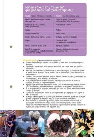 Primeros pasos ¿Cómo empezamos a compostar?
•	 Primero hay que elegir un sitio con cuidado. Lo ideal sería un lugar protegido y
abrigado.
•	 Considerá a los vecinos: no lo pongas demasiado cerca o en áreas que podrían
ofenderlos.
•	 Para que funcione bien, lo ideal es que tu parva de compost (o compostera) sea
al menos de 1m de alto x 1m de ancho x 1m de profundidad. ¡Pero esto no es un
impedimento!
•	 Comenzá con una capa de ramas leñosas sobre la tierra o el pasto (o en la base de
tu compostera). Esto permitirá la aireación.
•	 Es aconsejable añadir materia orgánica activadora: un poquito de humus o
compost, estiércol, o simplemente tierra.
•	 Agregá capas alternadas de materia “verde” (rica en nitrógeno) y materia “marrón”
(rica en carbono), preferiblemente en capas finas, no mayores a 8cm de altura.
•	 Si te da pereza hacer las capas, asegurate que haya una buena mezcla de materia
“verde” y “marrón”.
•	 Cuanto más pequeños los trozos de los ingredientes que agregues, más rápido se
hará el compost.
•	 Es mejor cubrir la parva de la lluvia y los extremos climáticos. Puede ser un nylon
grande, un pedazo de alfombra vieja, o lo que encuentres como tapa.
•	 Para mantener tu compost bajo control, sobre todo viviendo en la ciudad, es
aconsejable en vez de una simple parva, usar una compostera. Esta la podés
hacer con diferentes materiales, reutilizando algún recipiente grande, un cajón de
madera, un tanque o tarrina con agujeros, etc.
Materia “verde” y “marrón”
que podemos usar para compostar
Verde: rica en nitrógeno, húmeda	 Marrón: rica en carbono, seca
Restos de alimentos (sin carne),	 Papel de diario (evitando
cáscaras, etc.	 en lo posible tinta de colores).
Estiércol de vaca, caballo, 	 Hueveras de cartón.
oveja (herbívoros).
Pasto.	 Podas.
Yuyos sin semilla.	 Hojas secas.
Restos de flores y plantas sanas.	 Corteza, aserrín no tratado.
Algas.	 Ceniza de leña
	 (en pequeñas cantidades).
Yerba, saquitos de té, café.	 Ramitas y palitos.
Pelo!! Es excelente, 	 Cáscaras de huevo trituradas,
pero asegurate de cortarlo chiquito	 de nueces, etc.
y que no sea teñido.
3
 
