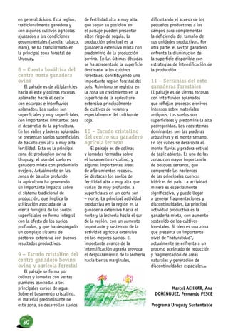 en general ácidos. Esta región,
tradicionalmente ganadera y
con algunos cultivos agrícolas
ajustados a las condiciones
geoambientales (sandía, tabaco,
maní), se ha transformado en
la principal zona forestal de
Uruguay.
8 – Cuesta basáltica del
centro norte ganadera
ovina
El paisaje es de altiplanicies
hacia el este y colinas rocosas
aplanadas hacia el oeste
con escarpas e interfluvios
aplanados. Los suelos son
superficiales y muy superficiales,
con importantes limitantes para
el desarrollo de la agricultura.
En los valles y laderas aplanadas
se presentan suelos superficiales
de basalto con alta a muy alta
fertilidad. Esta es la principal
zona de producción ovina de
Uruguay; el uso del suelo es
ganadero mixto con predominio
ovejero. Actualmente en las
zonas de basalto profundo
la agricultura ha generando
un importante impacto sobre
el sistema tradicional de
producción, que implica la
utilización asociada de la
oferta forrajera de los suelos
superficiales en forma integral
con la oferta de los suelos
profundos, y que ha desplegado
un complejo sistema de
pastoreo extensivo con buenos
resultados productivos.
9 – Escudo cristalino del
centro ganadero bovino
ovino y agrícola forestal
El paisaje se forma por
colinas y lomadas con vastas
planicies asociadas a los
principales cursos de agua.
Sobre el basamento cristalino,
el material predominante de
esta zona, se desarrollan suelos
de fertilidad alta a muy alta,
que según su posición en
el paisaje pueden presentar
altos riego de sequía. La
producción principal es la
ganadería extensiva mixta con
predominio de la producción
bovina. En las últimas décadas
se ha acrecentado la superficie
destinada a los cultivos
forestales, constituyendo una
importante región forestal del
país. Asimismo se registra en
la zona un crecimiento en la
superficie de la agricultura
extensiva principalmente
de cultivos de verano y
especialmente del cultivo de
soja.
10 – Escudo cristalino
del centro sur ganadero
agrícola lechero
El paisaje es de colinas
y lomadas formadas sobre
el basamento cristalino, y
algunas importantes áreas
de afloramientos rocosos.
Se destacan los suelos de
fertilidad alta a muy alta que
varían de muy profundos a
superficiales en un corte sur
– norte. La principal actividad
productiva en la región es la
ganadería extensiva hacia el
norte y la lechería hacia el sur
de la región, con un aumento
importante y sostenido de la
actividad agrícola extensiva
en los mejores suelos. El
importante avance de la
intensificación agraria provoca
el desplazamiento de la lechería
hacia tierras marginales,
dificultando el acceso de los
pequeños productores a los
campos para complementar
la deficiencia del tamaño de
sus unidades productivas. Por
otra parte, el sector ganadero
enfrenta la disminución de
la superficie disponible con
estrategias de intensificación de
la producción.
11 – Serranias del este
ganaderas forestales
El paisaje es de sierras rocosas
con interfluvios aplanados
que reflejan procesos erosivos
intensos sobre materiales
antiguos. Los suelos son
superficiales y predomina la alta
pedregosidad. Los ecosistemas
dominantes son las praderas
arbustivas y el monte serrano.
En los valles se desarrolla el
monte fluvial y pradera estival
de tapiz abierto. Es una de las
zonas con mayor importancia
de bosques serranos, que
comprende las nacientes
de las principales cuencas
hídricas del país. La actividad
minera es especialmente
significativa, y puede llegar
a generar fragmentaciones y
discontinuidades. La principal
actividad productiva es la
ganadería mixta, con aumento
sostenido de los cultivos
forestales. Si bien es una zona
que presenta un importante
nivel de “naturalidad”,
actualmente se enfrenta a un
proceso acelerado de reducción
y fragmentación de áreas
naturales y generación de
discontinuidades espaciales.n
Marcel ACHKAR, Ana
DOMÍNGUEZ, Fernando PESCE
Programa Uruguay Sustentable
30
 