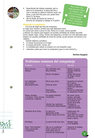 •	 Dependiendo del método empleado, qué se
pone en la compostera, la época del año y
cuán a menudo se voltea el material, hacer una
parva, y que esté lista para usar, puede llevar
entre 2 y 18 meses.
•	 ¡No te olvides de lavarte las manos al
terminar de compostar y trabajar en el jardín!
Eligiendo la compostera
A la hora de elegir qué tipo de compostera
es mejor para nosotros, primero que nada deberemos tener
en cuenta qué vamos a poner en ella. Parvas en el suelo, tachos grandes
y abiertos son mejores para hogares con grandes cantidades de residuos de jardín
(como césped, hojas, ramas). Tachos más pequeños y cerrados son más adecuados para
hogares con grandes cantidades de restos de comida, ya que proveen una barrera a los
roedores.
También debemos considerar:
•	 el número de personas en el hogar
•	 el tamaño del jardín, huerta, etc.
•	 tu habilidad para voltear el compost con una horquilla o pala
•	 materiales usados para hacer la compostera (¡que no sean tóxicos!) n
Mariana Sayagués
Problemas comunes del compostaje
Problema	 Causa	 Solución
Parva olorosa, 	 Sin suficiente aire.	 Voltear la parva.
babosa.	 Muy húmeda.	 Agregar material 		
		 marrón.
	 Mucho nitrógeno.	 Cuidar del exceso
		 de riego o lluvia 	
		 (cubrir).
Los materiales	 Parva muy chica.	 Aumentar el tamaño
no se están		 de la parva.
descomponiendo.	 Falta de calor.	 Agregar material
		 verde (por ejemplo, 	
		 bosta).
	 Materiales	 Cortar los materiales
	 muy grandes.	 en pequeños trozos.
Plagas atraídas	 Se agregó material	 No poner carne,
a la parva, como moscas, 	incorrecto.	 huesos, pescado.
cucarachas, roedores.		 Enterrar los restos
		 de comida en el
		 centro de la pila.
	 (donde hay roedores)	 Proteger la 		
	 compostera desprotegida.	 compostera con
		 malla de alambre.
Mosquita de la fruta.	 La parva es	 Espolvorear cal
	 demasiado ácida.	 en la parva.
	 Muchos restos de cocina.	 Tapar bien los restos 	
		 de cocina con hojas
		 secas o tierra.
Hormigas.	 La parva está muy seca.	 Agregar agua
		 y cal apagada.
Otras “mini-bestias”,	 ¡No es un problema!	 ¡Apreciar el trabajo
como cascarudos	 Estas criaturas son	 que hacen!
o lombrices.	 esenciales para el
	 proceso de compostaje.
	
	
¡ !
Hay mucho máspara aprender sobreel compost; másaún si lo hacemosy perfeccionamosnuestra propiatécnica. ¡Compostares un arte creativo!
5
 
