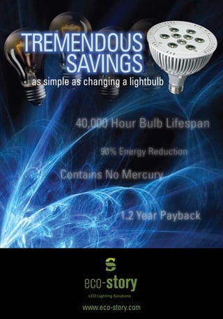TREMENDOUS
    SAVINGS
as simple as changing a lightbulb


           40,000 Hour Bulb Lifespan

                 90% Energy Reduction

       Contains No Mercury


                       1.2 Year Payback




            www.eco-story.com
 
