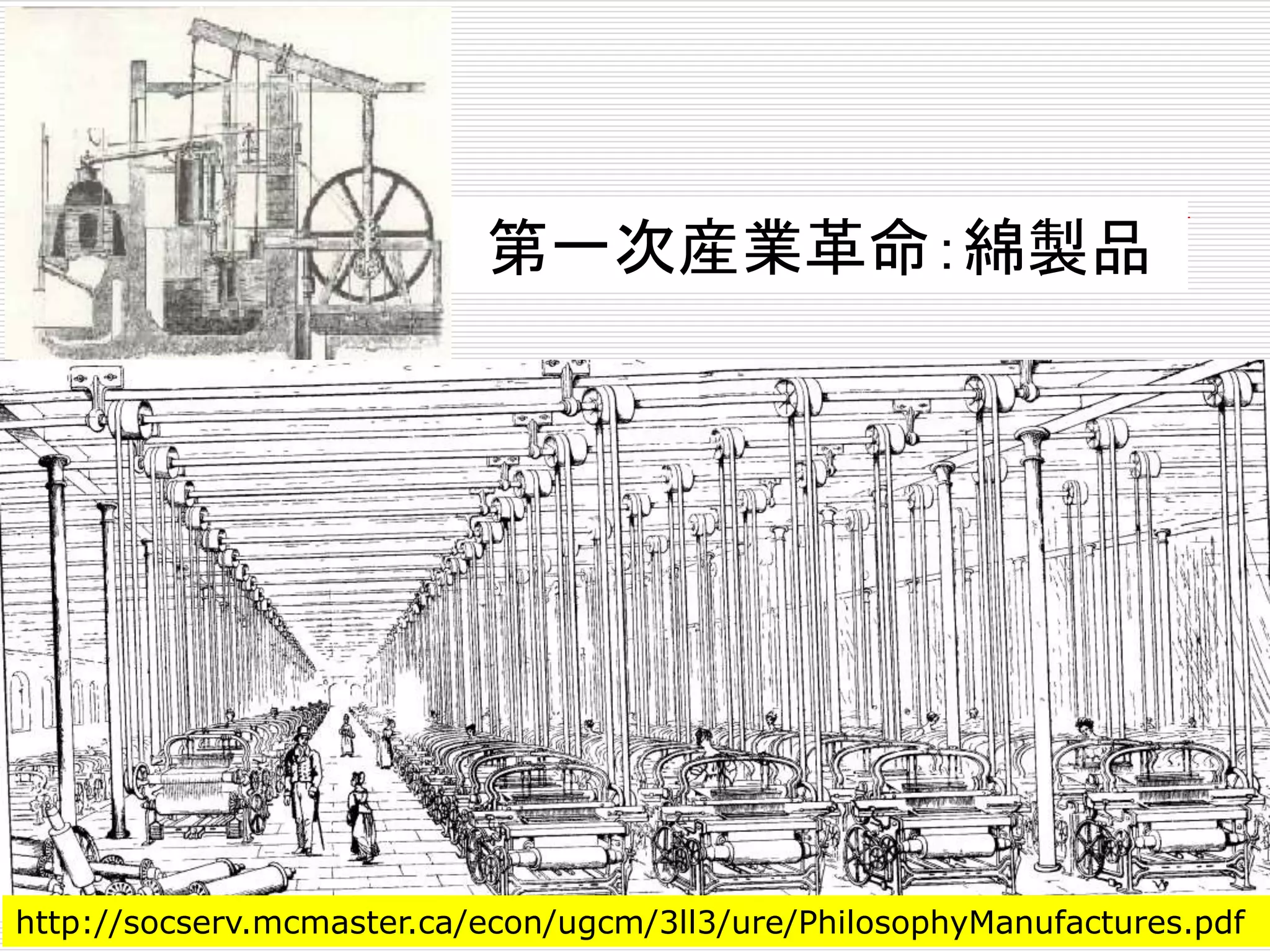 第一次産業革命：綿製品 
http://socserv.mcmaster.ca/econ/ugcm/3ll3/ure/PhilosophyManufactures.pdf 
 