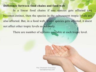 Difference between food chains and food web
In a linear food chains if one species gets affected (or)
becomes extinct, then the species in the subsequent tropic levels are
also affected. But, in a food web, if one species gets affected, it doest
not affect other tropic levels so seriously.
There are number of options available at each tropic level.
Prof. Shashank Chaurasiya
bansalpharmacy.com
 