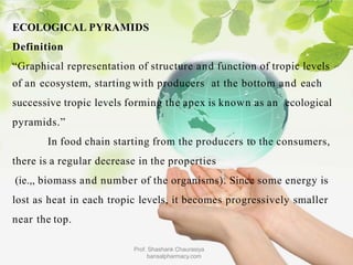 ECOLOGICAL PYRAMIDS
Definition
“Graphical representation of structure and function of tropic levels
of an ecosystem, starting with producers at the bottom and each
successive tropic levels forming the apex is known as an ecological
pyramids.”
In food chain starting from the producers to the consumers,
there is a regular decrease in the properties
(ie.,, biomass and number of the organisms). Since some energy is
lost as heat in each tropic levels, it becomes progressively smaller
near the top.
Prof. Shashank Chaurasiya
bansalpharmacy.com
 