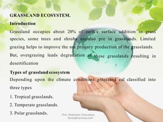 GRASSLAND ECOSYSTEM.
Introduction
Grassland occupies about 20% of
3. Polar grasslands. Prof. Shashank Chaurasiya
bansalpharmacy.com
earth’s surface addition to grass
species, some trees and shrubs are/also pre in grasslands. Limited
grazing helps to improve the net primary production of the grasslands.
these grasslands resulting in
But, overgrazing leads degradation of
desertification
Types of grassland ecosystem
Depending upon the climate conditions grassland cal classified into
three types
1. Tropical grasslands.
2. Temperate grasslands.
 