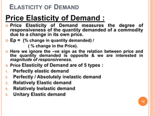 ELASTICITY OF DEMAND
Price Elasticity of Demand :
 Price Elasticity of Demand measures the degree of
responsiveness of the quantity demanded of a commodity
due to a change in its own price.
 Ep = (% change in quantity demanded) /
( % change in the Price).
 Here we ignore the –ve sign as the relation between price and
the quantity demanded is opposite & we are interested in
magnitude of responsiveness.
 Price Elasticity of Demand are of 5 types :
1. Perfectly elastic demand
2. Perfectly / Absolutely inelastic demand
3. Relatively Elastic demand
4. Relatively Inelastic demand
5. Unitary Elastic demand
12
 