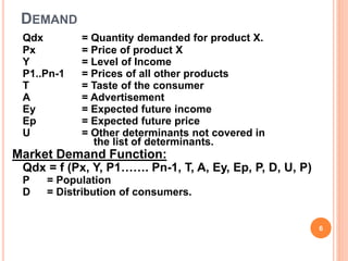 DEMAND
Qdx = Quantity demanded for product X.
Px = Price of product X
Y = Level of Income
P1..Pn-1 = Prices of all other products
T = Taste of the consumer
A = Advertisement
Ey = Expected future income
Ep = Expected future price
U = Other determinants not covered in
the list of determinants.
Market Demand Function:
Qdx = f (Px, Y, P1……. Pn-1, T, A, Ey, Ep, P, D, U, P)
P = Population
D = Distribution of consumers.
6
 
