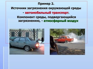 Пример 2.  Источник загрязнения окружающей среды  -  автомобильный транспорт .  Компонент среды, подвергающийся загрязнению, -  атмосферный воздух 
