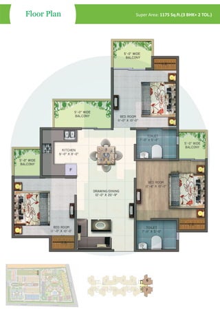Floor Plan Super Area: 1175 Sq.ft.(3 BHK+ 2 TOL.)
 