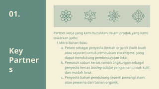 01.
Key
Partner
s
Partner kerja yang kami butuhkan dalam produk yang kami
tawarkan yaitu:
1.Mitra Bahan Baku
a. Petani sebagai penyedia limbah organik (kulit buah
atau sayuran) untuk pembuatan eco-enzyme, yang
dapat mendukung pemberdayaan lokal.
b. Pemasok sabun kertas ramah lingkungan sebagai
penyedia kertas biodegradable yang aman untuk kulit
dan mudah larut.
c. Penyedia bahan pendukung seperti pewangi alami
atau pewarna dari bahan organik.
 