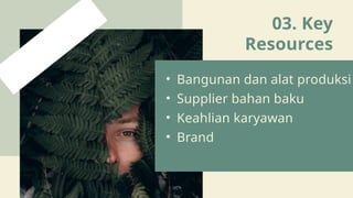 03. Key
Resources
• Bangunan dan alat produksi
• Supplier bahan baku
• Keahlian karyawan
• Brand
 