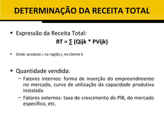 DETERMINAÇÃO DA RECEITA TOTAL

• Expressão da Receita Total:
                RT = ∑ (Qijk * PVijk)
•   Onde: produto i, na região j, no cliente k



• Quantidade vendida:
     – Fatores internos: forma de inserção do empreendimento
       no mercado, curva de utilização da capacidade produtiva
       instalada
     – Fatores externos: taxa de crescimento do PIB, do mercado
       específico, etc.
 