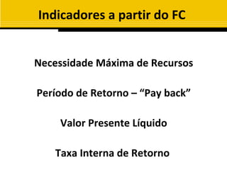 Indicadores a partir do FC


Necessidade Máxima de Recursos

Período de Retorno – “Pay back”

    Valor Presente Líquido

   Taxa Interna de Retorno
 