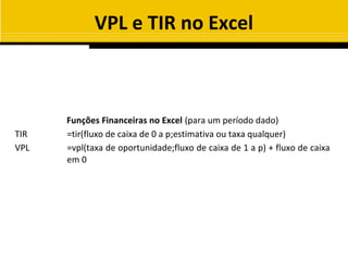 VPL e TIR no Excel



      Funções Financeiras no Excel (para um período dado)
TIR   =tir(fluxo de caixa de 0 a p;estimativa ou taxa qualquer)
VPL   =vpl(taxa de oportunidade;fluxo de caixa de 1 a p) + fluxo de caixa
      em 0
 