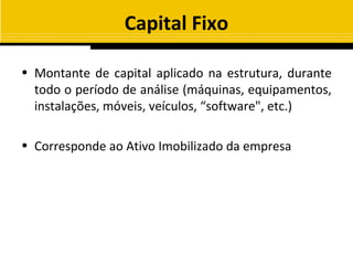 Capital Fixo

• Montante de capital aplicado na estrutura, durante
  todo o período de análise (máquinas, equipamentos,
  instalações, móveis, veículos, “software", etc.)

• Corresponde ao Ativo Imobilizado da empresa
 