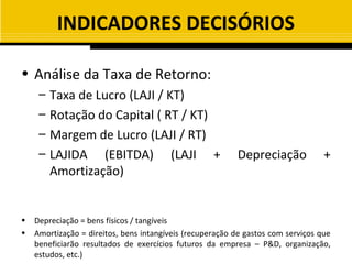 INDICADORES DECISÓRIOS

• Análise da Taxa de Retorno:
     –   Taxa de Lucro (LAJI / KT)
     –   Rotação do Capital ( RT / KT)
     –   Margem de Lucro (LAJI / RT)
     –   LAJIDA (EBITDA) (LAJI +                          Depreciação             +
         Amortização)


•   Depreciação = bens físicos / tangíveis
•   Amortização = direitos, bens intangíveis (recuperação de gastos com serviços que
    beneficiarão resultados de exercícios futuros da empresa – P&D, organização,
    estudos, etc.)
 