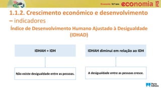 1.1.2. Crescimento económico e desenvolvimento
– indicadores
Não existe desigualdade entre as pessoas.
IDHAH = IDH
A desigualdade entre as pessoas cresce.
IDHAH diminui em relação ao IDH
Índice de Desenvolvimento Humano Ajustado à Desigualdade
(IDHAD)
 