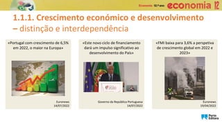1.1.1. Crescimento económico e desenvolvimento
– distinção e interdependência
«Portugal com crescimento de 6,5%
em 2022, o maior na Europa»
Euronews
14/07/2022
«Este novo ciclo de financiamento
dará um impulso significativo ao
desenvolvimento do País»
Governo da República Portuguesa
14/07/2022
«FMI baixa para 3,6% a perspetiva
de crescimento global em 2022 e
2023»
Euronews
19/04/2022
 