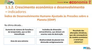 1.1.2. Crescimento económico e desenvolvimento
– indicadores
Índice de Desenvolvimento Humano Ajustado às Pressões sobre o
Planeta (IDHP)
Aumento do número de furacões e
de tempestades, que se têm
intensificado
Incêndios de dimensões
extraordinárias, que deixam um
enorme rasto de destruição
Anos de seca extrema
Na última década...
Biodiversidade do planeta tem
diminuído vertiginosamente
Resultado das
alterações climáticas,
que são consequência
do modelo económico
e social que
adotamos!
 