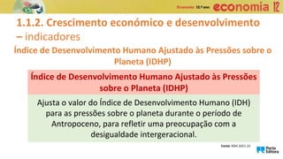 1.1.2. Crescimento económico e desenvolvimento
– indicadores
Índice de Desenvolvimento Humano Ajustado às Pressões sobre o
Planeta (IDHP)
Ajusta o valor do Índice de Desenvolvimento Humano (IDH)
para as pressões sobre o planeta durante o período de
Antropoceno, para refletir uma preocupação com a
desigualdade intergeracional.
Índice de Desenvolvimento Humano Ajustado às Pressões
sobre o Planeta (IDHP)
Fonte: RDH 2021-22
 