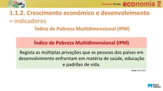 1.1.2. Crescimento económico e desenvolvimento
– indicadores
Índice de Pobreza Multidimensional (IPM)
Regista as múltiplas privações que as pessoas dos países em
desenvolvimento enfrentam em matéria de saúde, educação
e padrões de vida.
Índice de Pobreza Multidimensional (IPM)
Fonte: RDH 2019
 