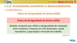 1.1.2. Crescimento económico e desenvolvimento
– indicadores
Índice de Desigualdade de Género (IDG)
Medida composta que reflete a desigualdade de realização
entre mulheres e homens em três dimensões: saúde
reprodutiva, capacitação e mercado de trabalho.
Índice de Desigualdade de Género (IDG)
Fonte: RDH 2019
 
