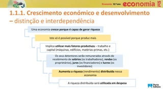 Uma economia cresce porque é capaz de gerar riqueza
Isto só é possível porque produz mais
Implica utilizar mais fatores produtivos – trabalho e
capital (máquinas, edifícios, matérias-primas, etc.)
1.1.1. Crescimento económico e desenvolvimento
– distinção e interdependência
Os seus detentores serão remunerados através do
recebimento de salários (os trabalhadores), rendas (os
proprietários), juros (os financiadores) e lucros (os
investidores)
Aumenta a riqueza (rendimento) distribuída nessa
economia
A riqueza distribuída será utilizada em despesa
 