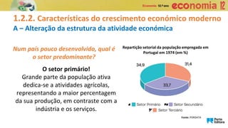 1.2.2. Características do crescimento económico moderno
A – Alteração da estrutura da atividade económica
O setor primário!
Grande parte da população ativa
dedica-se a atividades agrícolas,
representando a maior percentagem
da sua produção, em contraste com a
indústria e os serviços.
Num país pouco desenvolvido, qual é
o setor predominante?
Repartição setorial da população empregada em
Portugal em 1974 (em %)
Fonte: PORDATA
 