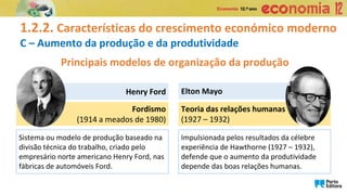 1.2.2. Características do crescimento económico moderno
C – Aumento da produção e da produtividade
Fordismo
(1914 a meados de 1980)
Henry Ford
Teoria das relações humanas
(1927 – 1932)
Elton Mayo
Sistema ou modelo de produção baseado na
divisão técnica do trabalho, criado pelo
empresário norte americano Henry Ford, nas
fábricas de automóveis Ford.
Impulsionada pelos resultados da célebre
experiência de Hawthorne (1927 – 1932),
defende que o aumento da produtividade
depende das boas relações humanas.
Principais modelos de organização da produção
 