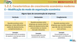 1.2.2. Características do crescimento económico moderno
E – Modificação do modo de organização económica
Exemplo:
Concentração entre um produtor
de sapatos e uma loja que vende
sapatos.
Verticais
Quando acontece entre
empresas a níveis diferentes na
cadeia de abastecimento,
complementando-se.
> Alguns tipos de concentração de empresas
Exemplo:
Concentração entre dois
produtores de sapatos.
Horizontais
Quando acontece entre
empresas ao mesmo nível na
cadeia de abastecimento (são
concorrentes no mesmo
mercado relevante).
>
Exemplo:
Concentração entre um
hipermercado e uma fábrica de
automóveis.
Conglomerais
Quando acontece entre
empresas que mantêm relações
que não são nem horizontais
nem verticais.
>
 