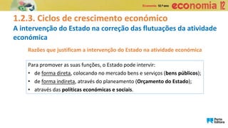1.2.3. Ciclos de crescimento económico
A intervenção do Estado na correção das flutuações da atividade
económica
Razões que justificam a intervenção do Estado na atividade económica
Para promover as suas funções, o Estado pode intervir:
• de forma direta, colocando no mercado bens e serviços (bens públicos);
• de forma indireta, através do planeamento (Orçamento do Estado);
• através das políticas económicas e sociais.
 