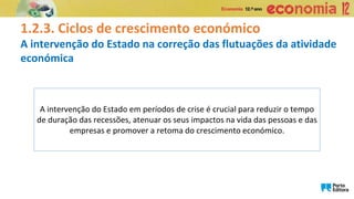 1.2.3. Ciclos de crescimento económico
A intervenção do Estado na correção das flutuações da atividade
económica
A intervenção do Estado em períodos de crise é crucial para reduzir o tempo
de duração das recessões, atenuar os seus impactos na vida das pessoas e das
empresas e promover a retoma do crescimento económico.
 