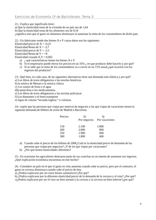 Ejercicios de Economía 1º de Bachillerato. Tema 3
21.- Explica que significado tiene:
a) Que la elasticidad renta de la vivienda de un país sea de 1,64
b) Que la elasticidad renta de los alimentos sea de 0,54
¿significa esto que el gasto en alimentos disminuye al aumentar la renta de los consumidores de dicho país.
22.- Un fabricante vende dos bienes X e Y cuyos datos son los siguientes:
Elasticidad precio de X = -0,25
Elasticidad Renta de X = -3,7
Elasticidad precio de Y = -2,5
Elasticidad Renta de Y = +8
Elasticidad cruzada X,Y = 0,002
a) ¿ qué características tienen los bienes X e Y
b) Si el empresario puede elevar los precios en un 35% ¿ en que producto debe hacerlo y por qué?
c) Si se sabe que la renta de los consumidores va a crecer en un 15% anual,¿qué ocurrirá con los
ingresos del productor?
23.- Qué bien, en cada caso, de las siguientes alternativas tiene una demanda más elástica y por qué?
a) Los libros de texto obligatorios o las novelas históricas
b) la música de Mozart o la música clásica
c) Los zumos de fruta o el agua
d)la penicilina o los medicamentos.
e) Los libros de texto obligatorios y las novelas policiacas
f) Los diamantes o el bono transporte
e) Agua de colonia “lavanda inglesa “ o colonias.
24.- supón que las personas que viajan por motivos de negocios y las que viajan de vacaciones tienen la
siguiente demanda de billetes de avión de Madrid a Barcelona.
Precios Q Q
Por negocios Por vacaciones
150 2.100 1.000
200 2.000 800
250 1.900 600
300 1.800 400
a) Cuando sube el precio de los billetes de 200€¿Cuál es la elasticidad precio de demanda de las
personas que viajan por negocios? ¿Y de las que viajan por vacaciones?
b) ¿Por qué tienen elasticidades diferentes?
25.- En ocasiones los agricultores destruyen parte de sus cosechas en un intento de aumentar sus ingresos.
¿Qué explicación económica encuentras en este hecho?
26.- Considere un país en el que el gasto en vino aumenta cuando sube su precio, pero por el contrario, el
gasto en cerveza disminuya cuando sube el precio de ésta.
a) ¿Podría explicarse por ser estos bienes sustitutivos?¿Por qué?
b) ¿Podría explicarse por la diferente elasticidad precio de la demanda de la cerveza y el vino? ¿Por qué?
c)¿Podría explicarse por ser el vino un bien normal y la cerveza y la cerveza un bien inferior?¿por qué?
4
 