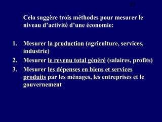 23

Cela suggère trois méthodes pour mesurer le
niveau d’activité d’une économie:
1. Mesurer la production (agriculture, services,
industrie)
2. Mesurer le revenu total généré (salaires, profits)
3. Mesurer les dépenses en biens et services
produits par les ménages, les entreprises et le
gouvernement

 